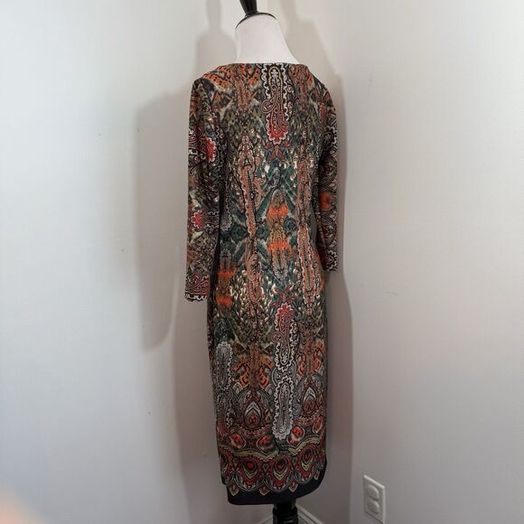 Beige ECI Sheath Dress 4 Paisley Scuba Knit Midi Pencil Fall Career Office - Picture 3 of 11